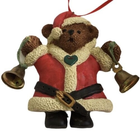 Teddy Bear Ornament Kurt Adler Resin Dressed as Santa Holding Bells - Picture 1 of 3